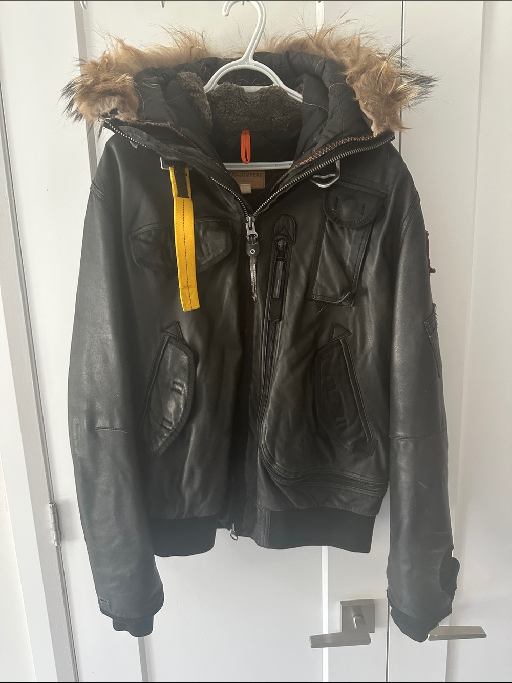 PARAJUMPERS Black Leather Fur Jacket W/ Removable Patch & Fur - Large - USED